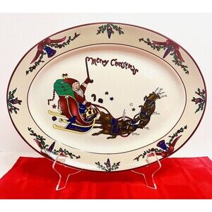 Vintage GEI Merry Christmas Santa Reindeer 14" Oval Serving Meat Platter - GC12